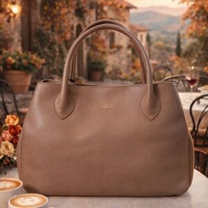 NEW FURLA Classic Leather Tote Bag, Almond Beige Saffiano Leather Bag - Giselle